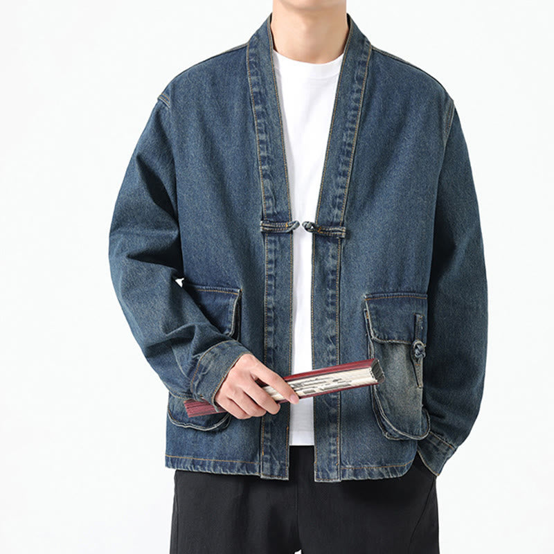 Buddha Stones Denim Button Design Herren-Baumwoll-Langarmjacke mit Taschen - image 24