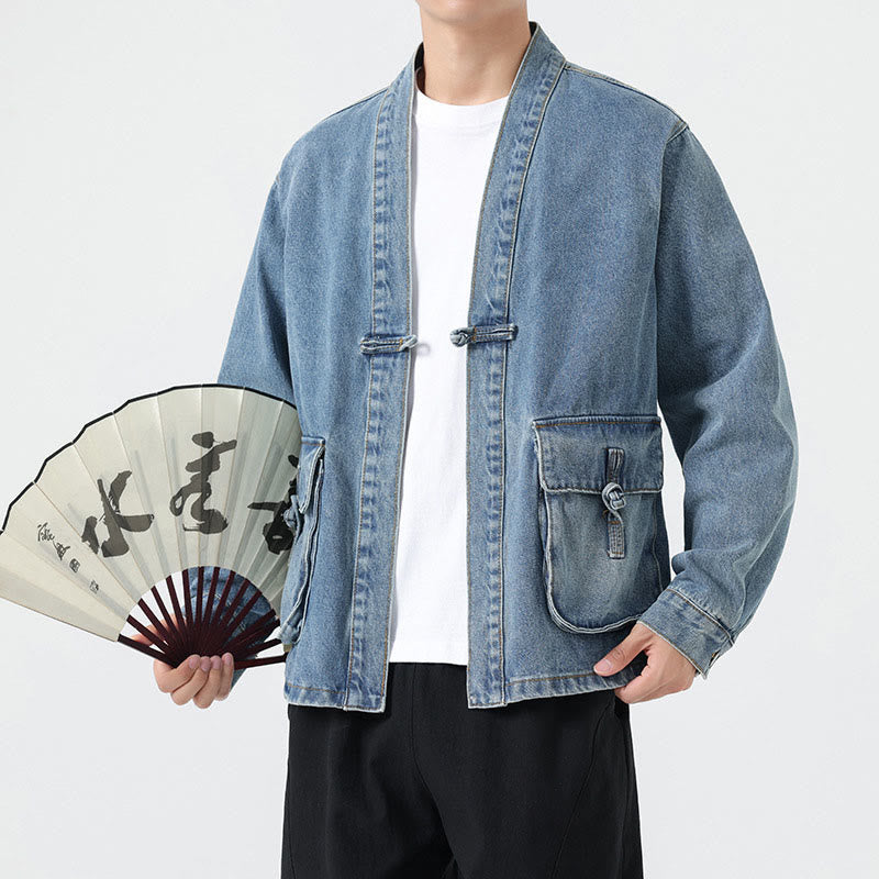 Buddha Stones Denim Button Design Herren-Baumwoll-Langarmjacke mit Taschen - image 13