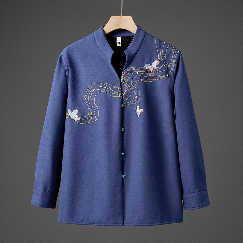 Buddha Stones Winter-Herren-Baumwoll-Langarmjacke mit besticktem Schmetterlingsband und Fleecefutter - Stahlblau - US/ UK/AU46，EU56 (5XL) - image 13