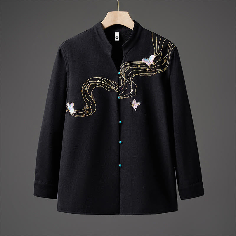 Buddha Stones Winter-Herren-Baumwoll-Langarmjacke mit besticktem Schmetterlingsband und Fleecefutter - Schwarz - US/ UK/AU46，EU56 (5XL) - image 0