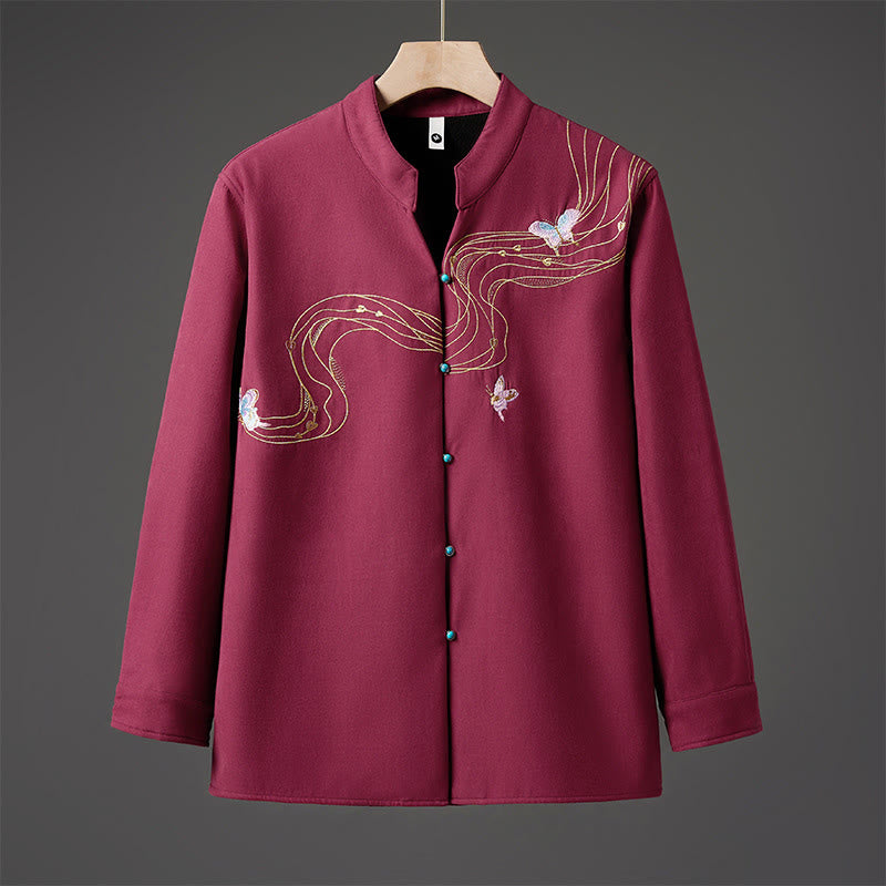 Buddha Stones Winter-Herren-Baumwoll-Langarmjacke mit besticktem Schmetterlingsband und Fleecefutter - Schamottestein - US/ UK/AU46，EU56 (5XL) - image 7