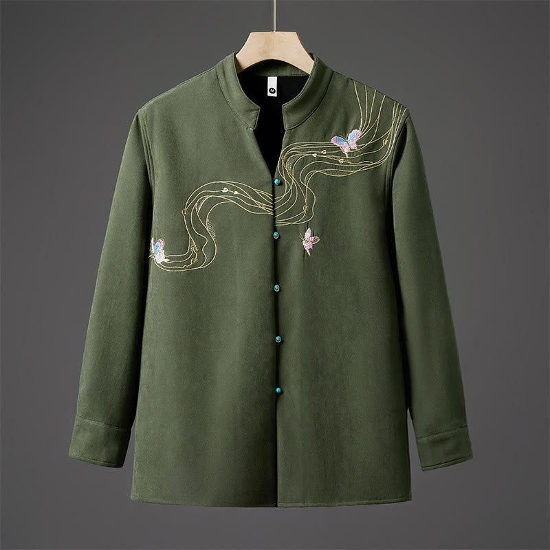 Buddha Stones Winter-Herren-Baumwoll-Langarmjacke mit besticktem Schmetterlingsband und Fleecefutter - Waldgrün - US/ UK/AU46，EU56 (5XL) - image 11