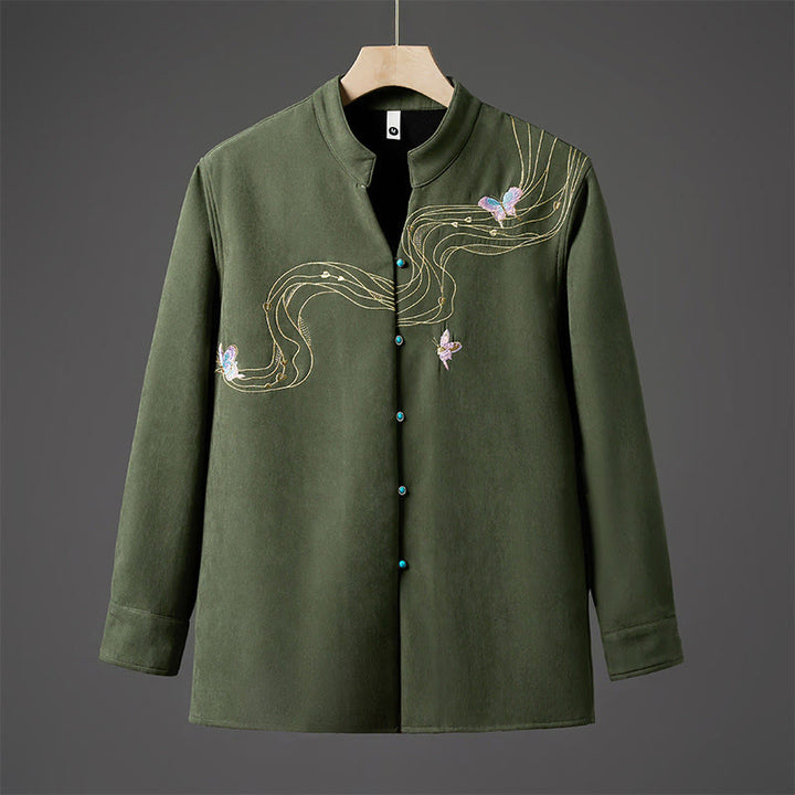 Buddha Stones Winter-Herren-Baumwoll-Langarmjacke mit besticktem Schmetterlingsband und Fleecefutter - Waldgrün - US/ UK/AU46，EU56 (5XL) - image 11