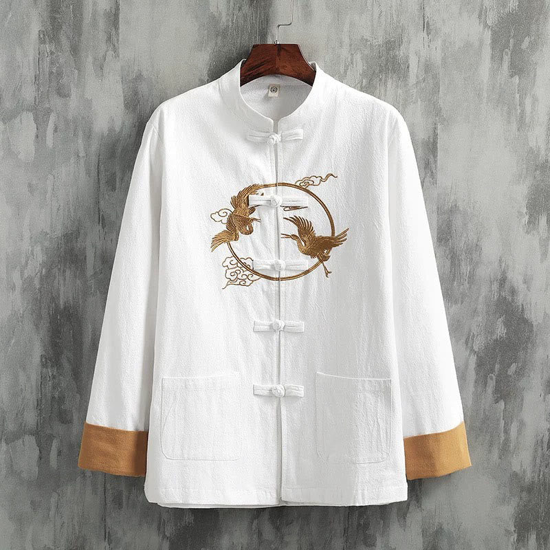 Herrenhemd aus Baumwolle und Leinen mit langen Ärmeln und Buddha Stones , bestickten Kranichen, glückverheißenden Wolken und Froschknöpfen - Weiß - US/ UK/AU46，EU56 (5XL) - image 0