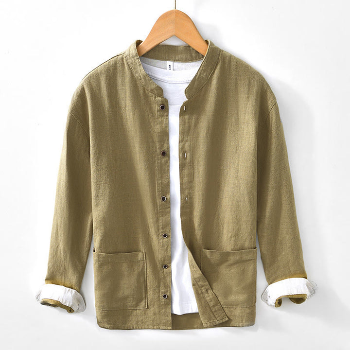 Buddha Stones Fall Solid Langarmknöpfe Herren Ramie Baumwollhemd mit Taschen - Khaki - US/ UK/AU42，EU52 (3XL) - image 24