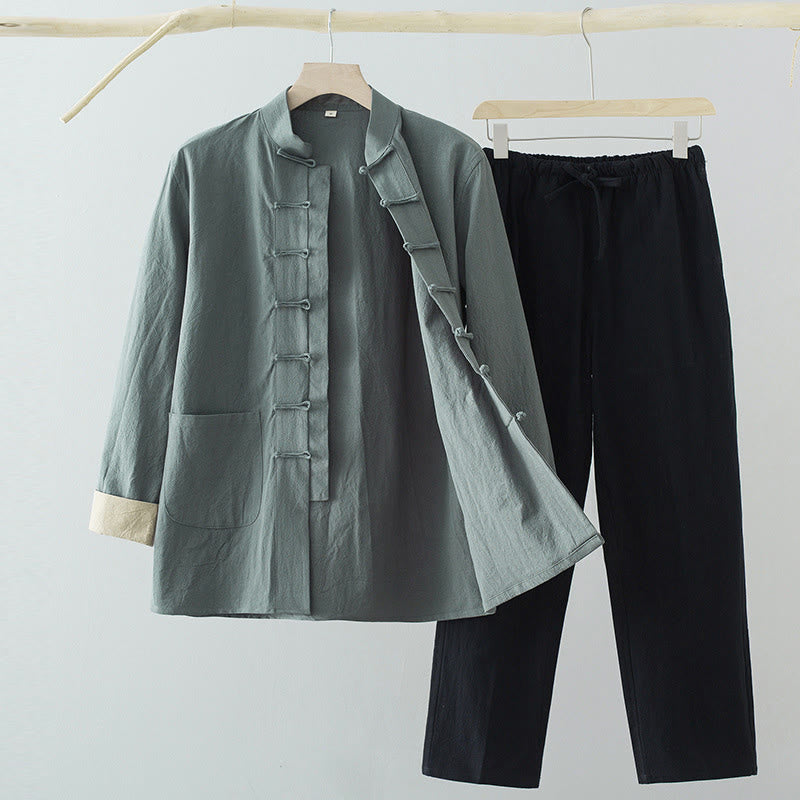 Buddha Stones 2-teiliger Tang-Anzug für Herren mit Froschknöpfen, Baumwolle, langärmelig, Hemd und Hose, mit Taschen - CadetBlaues Hemd+Schwarze Hose - US/ UK/AU44，EU54 (4XL) - image 0