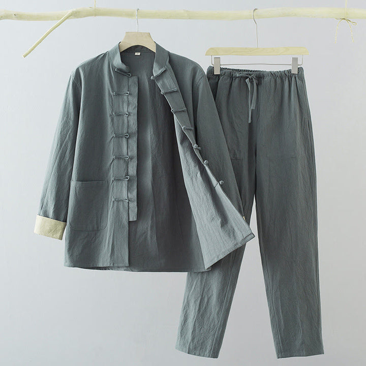 Buddha Stones 2-teiliger Tang-Anzug für Herren mit Froschknöpfen, Baumwolle, langärmelig, Hemd und Hose, mit Taschen - CadetBlue - US/ UK/AU44，EU54 (4XL) - image 14
