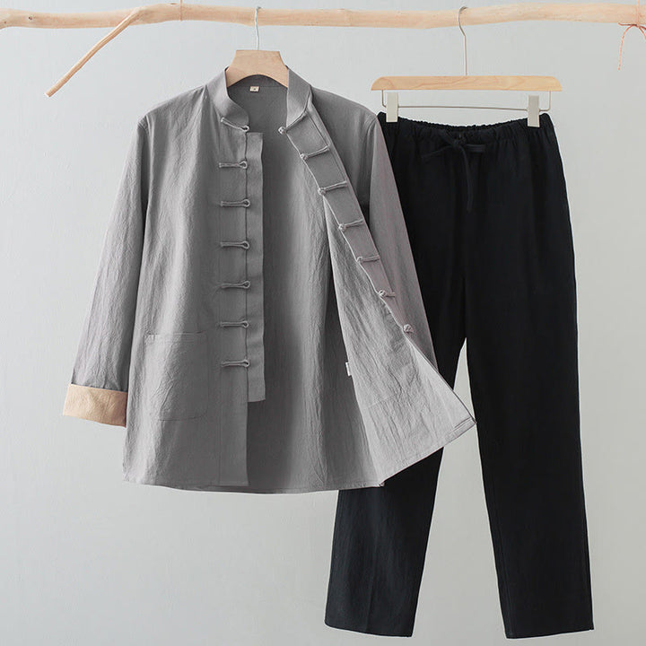 Buddha Stones 2-teiliger Tang-Anzug für Herren mit Froschknöpfen, Baumwolle, langärmelig, Hemd und Hose, mit Taschen - Hellgraues Hemd + schwarze Hose - US/ UK/AU44, EU54 (4XL) - image 16