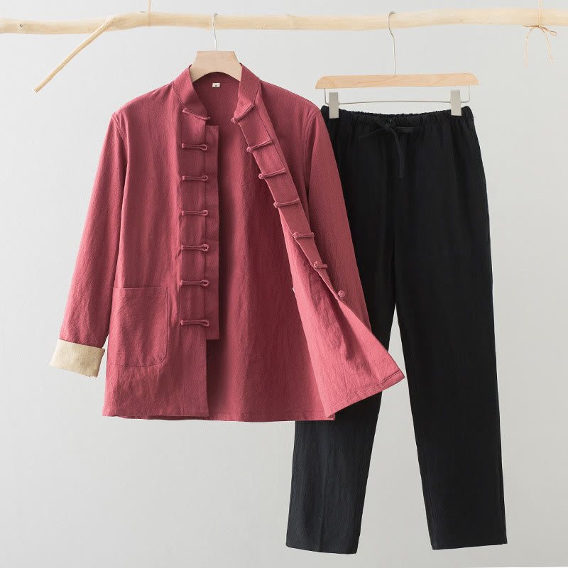Buddha Stones 2-teiliger Tang-Anzug für Herren, Hemd und Hose aus Baumwoll-Leinen-Mischgewebe mit Froschknopfverschluss und Taschen - Lachsfarbenes Hemd + schwarze Hose - US/ UK/AU44, EU54 (4XL) - image 17