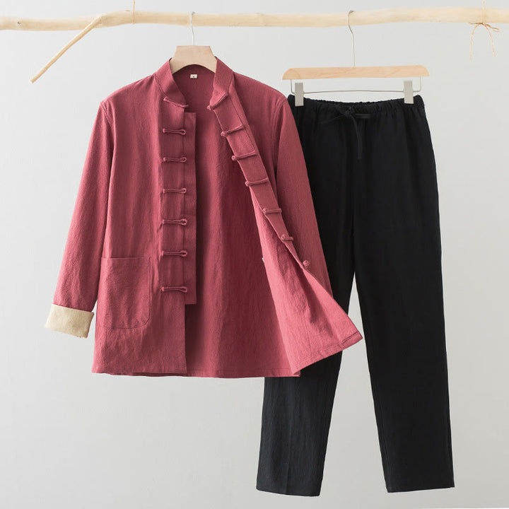 Buddha Stones 2-teiliger Tang-Anzug für Herren, Hemd und Hose aus Baumwoll-Leinen-Mischgewebe mit Froschknopfverschluss und Taschen - Lachsfarbenes Hemd + schwarze Hose - US/ UK/AU44, EU54 (4XL) - image 17