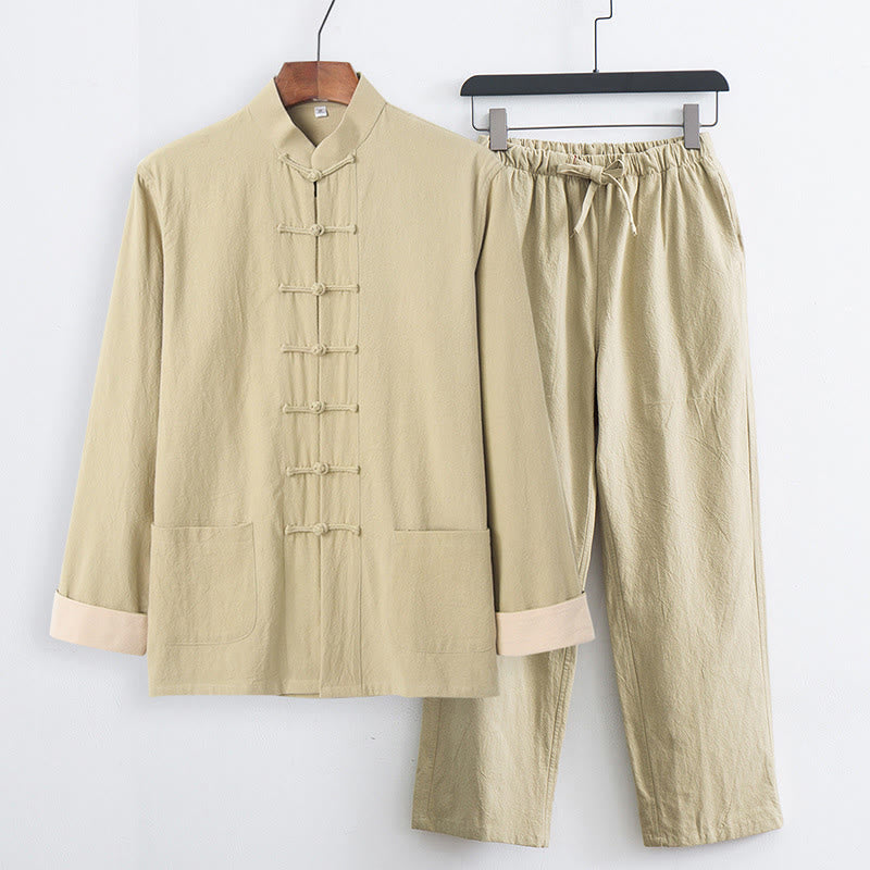 Buddha Stones 2-teiliger Tang-Anzug für Herren mit Froschknöpfen, Baumwolle, langärmelig, Hemd und Hose, mit Taschen - Blassgoldenrode - US/ UK/AU44, EU54 (4XL) - image 19
