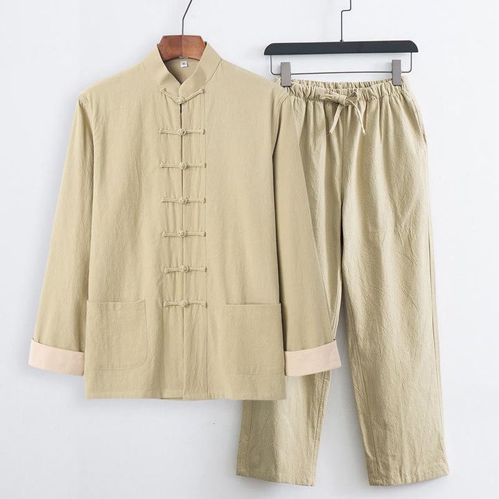 Buddha Stones 2-teiliger Tang-Anzug für Herren mit Froschknöpfen, Baumwolle, langärmelig, Hemd und Hose, mit Taschen - Blassgoldenrode - US/ UK/AU44, EU54 (4XL) - image 19