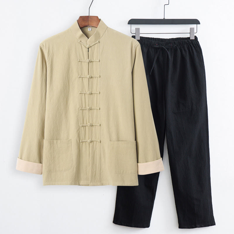Buddha Stones 2-teiliger Tang-Anzug für Herren mit Froschknöpfen, Baumwolle, langärmelig, Hemd und Hose, mit Taschen - Hellgoldenes Hemd + schwarze Hose - US/ UK/AU44, EU54 (4XL) - image 20