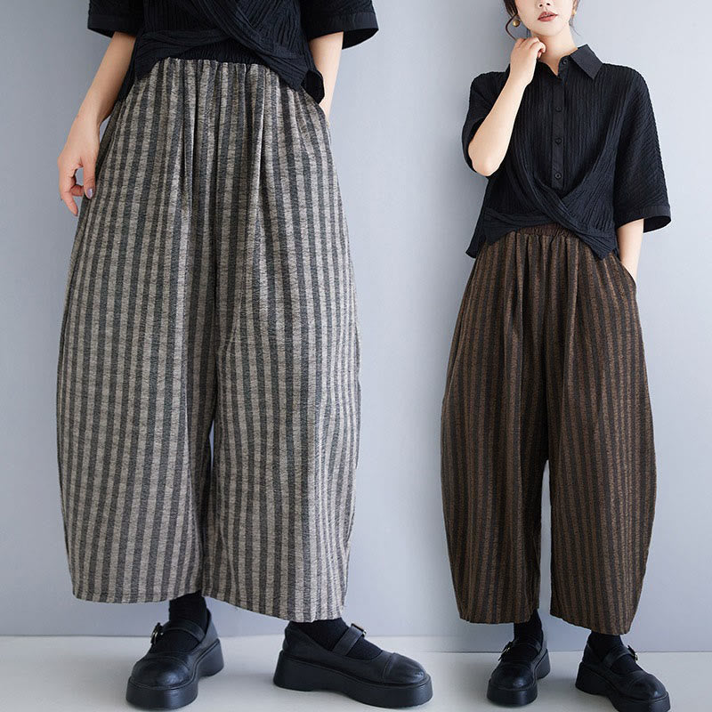 Buddha Stones Lässige Cordhose mit Streifen, Polyester, weites Bein, Länge 7–8, mit Taschen - image 0