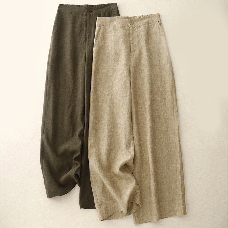 Buddha Stones Lässige, schlichte Damenhose aus Baumwollleinen mit elastischer Taille und weitem Bein und Taschen - image 0