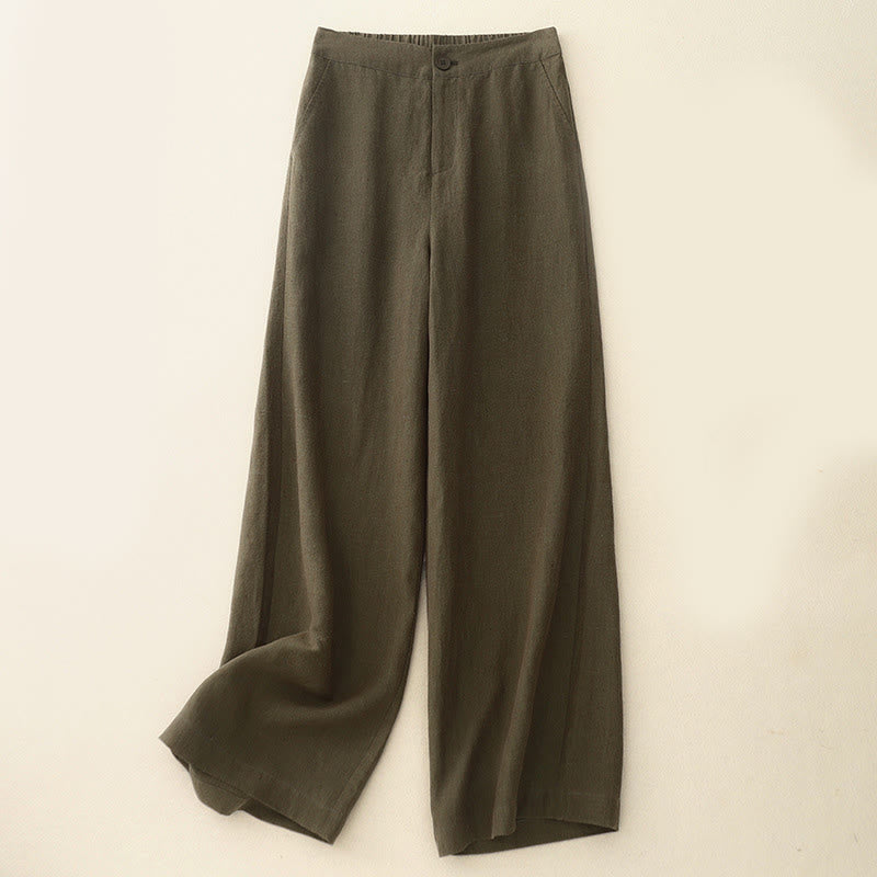 Buddha Stones Lässige, schlichte Damenhose aus Baumwollleinen mit elastischer Taille und weitem Bein und Taschen - Olive - US8-10， UK/AU12-14，EU40-42 (2XL) - image 1