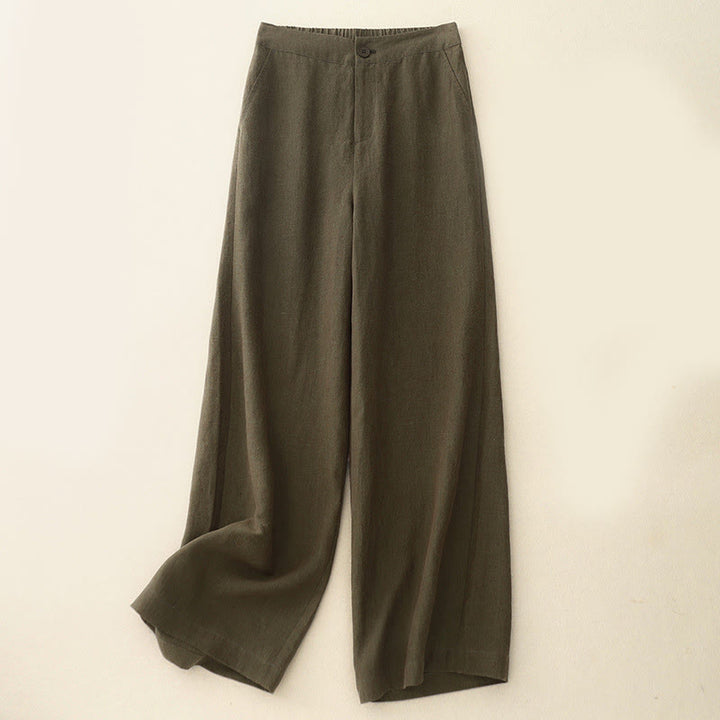 Buddha Stones Lässige, schlichte Damenhose aus Baumwollleinen mit elastischer Taille und weitem Bein und Taschen - Olive - US8-10， UK/AU12-14，EU40-42 (2XL) - image 1