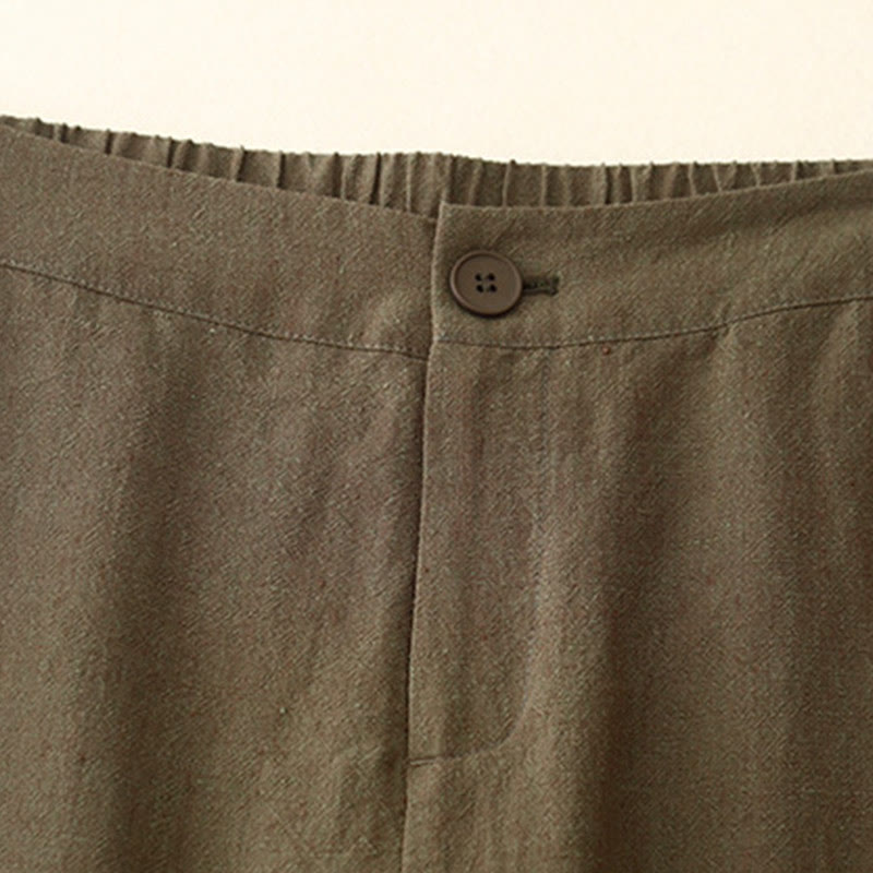 Buddha Stones Lässige, schlichte Damenhose aus Baumwollleinen mit elastischer Taille und weitem Bein und Taschen - image 2