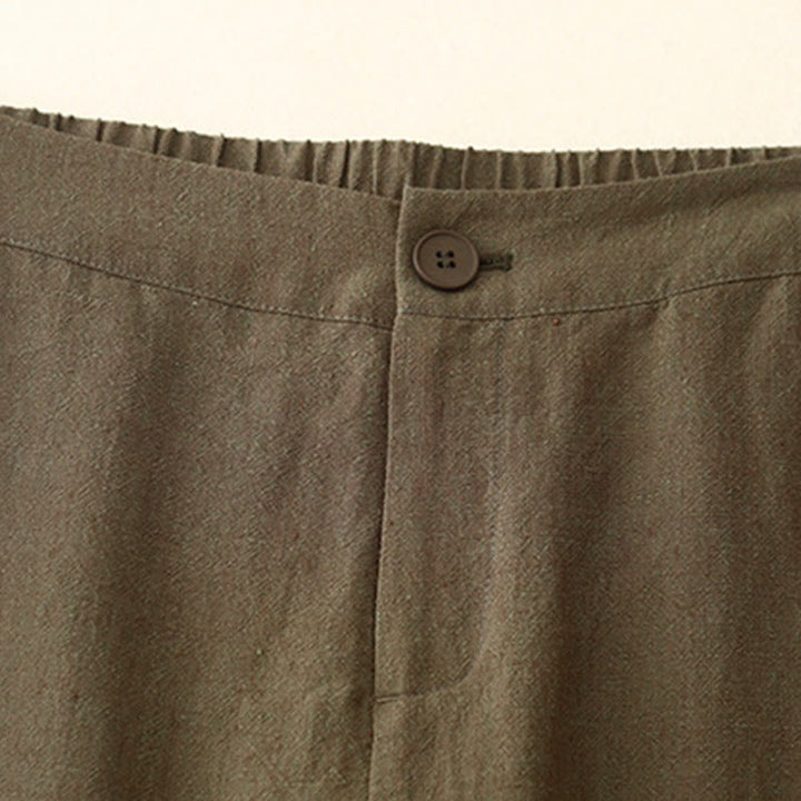 Buddha Stones Lässige, schlichte Damenhose aus Baumwollleinen mit elastischer Taille und weitem Bein und Taschen - image 2