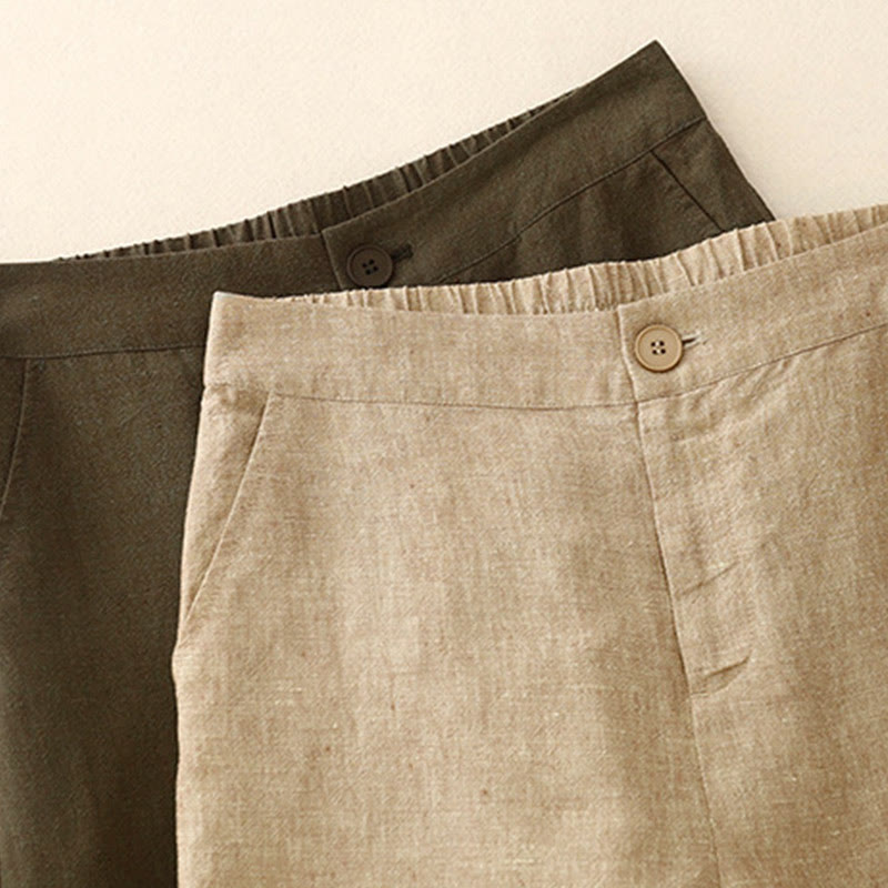 Buddha Stones Lässige, schlichte Damenhose aus Baumwollleinen mit elastischer Taille und weitem Bein und Taschen - image 12