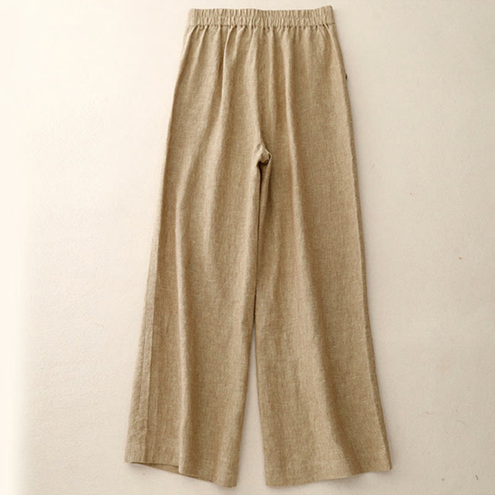 Buddha Stones Lässige, schlichte Damenhose aus Baumwollleinen mit elastischer Taille und weitem Bein und Taschen - image 6
