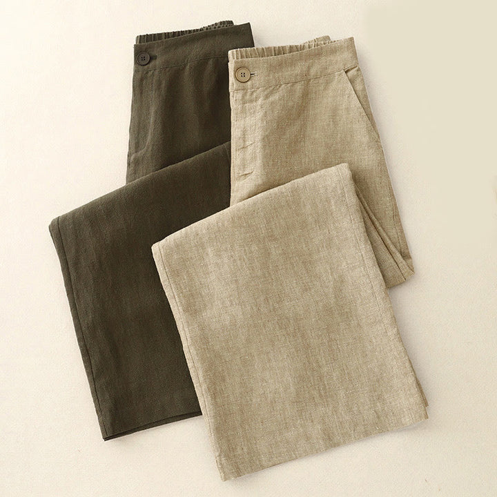Buddha Stones Lässige, schlichte Damenhose aus Baumwollleinen mit elastischer Taille und weitem Bein und Taschen - image 13