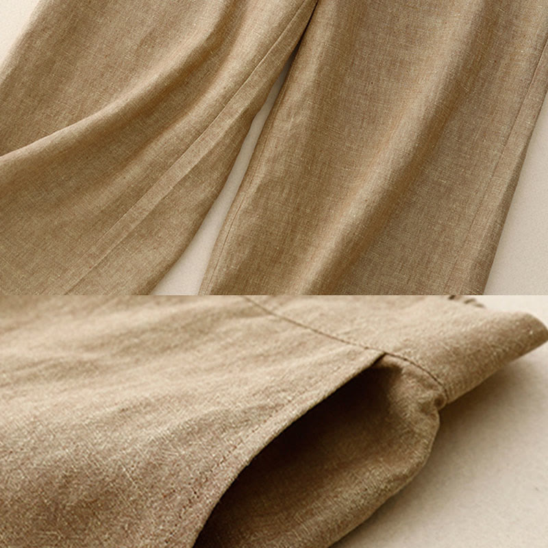 Buddha Stones Lässige, schlichte Damenhose aus Baumwollleinen mit elastischer Taille und weitem Bein und Taschen - image 7