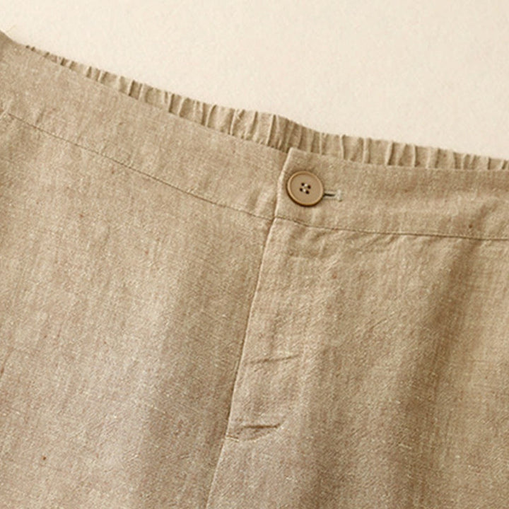 Buddha Stones Lässige, schlichte Damenhose aus Baumwollleinen mit elastischer Taille und weitem Bein und Taschen - image 8