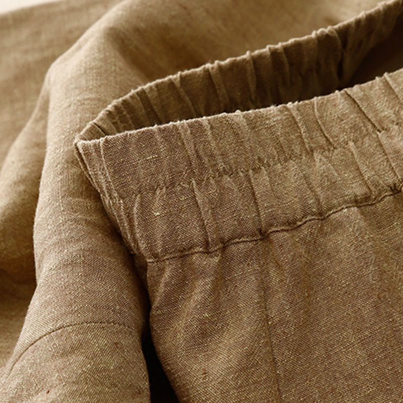 Buddha Stones Lässige, schlichte Damenhose aus Baumwollleinen mit elastischer Taille und weitem Bein und Taschen - image 11