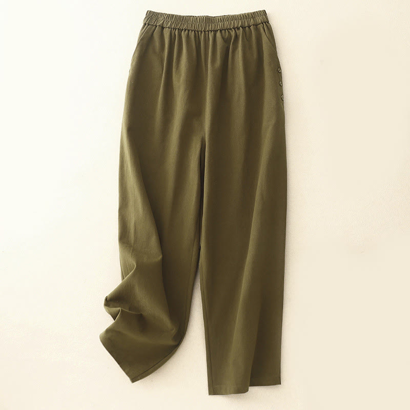 Buddha Stones Lässige Druckknöpfe Damenhose aus Baumwolle und Polyester mit Taschen - Olive - US8-10， UK/AU12-14，EU40-42 (2XL) - image 5
