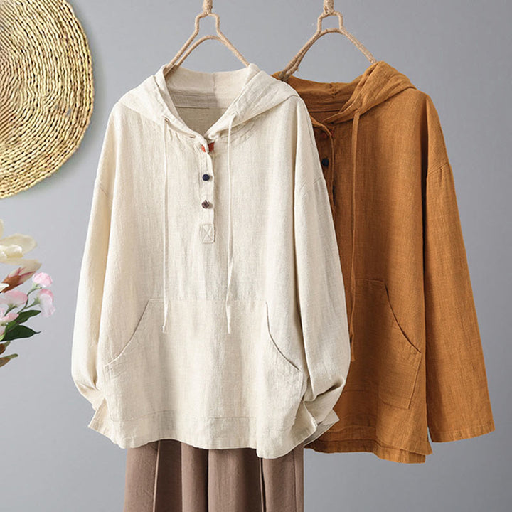 Buddha Stones Damen-Kapuzenpullover mit schlichtem Knopfdesign, Baumwolle, langärmelig, mit Taschen - image 12