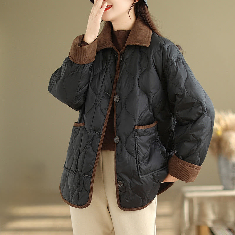 Buddha Stones Damen-Langarm-Baumwolljacke mit kontrastfarbenem Revers und Taschen - Schwarz - US14， UK/AU18，EU46 (2XL) - image 5