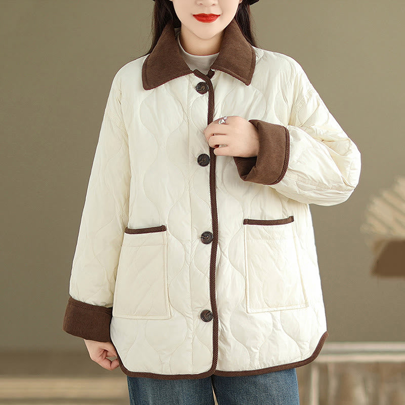 Buddha Stones Damen-Langarm-Baumwolljacke mit kontrastfarbenem Revers und Taschen - BlumenWeiß - US14， UK/AU18，EU46 (2XL) - image 0