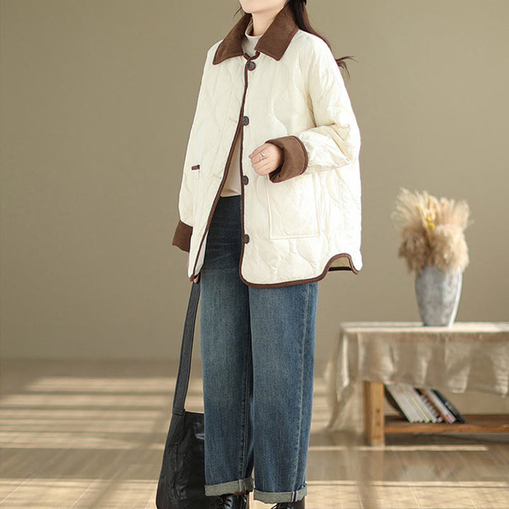 Buddha Stones Damen-Langarm-Baumwolljacke mit kontrastfarbenem Revers und Taschen - image 4