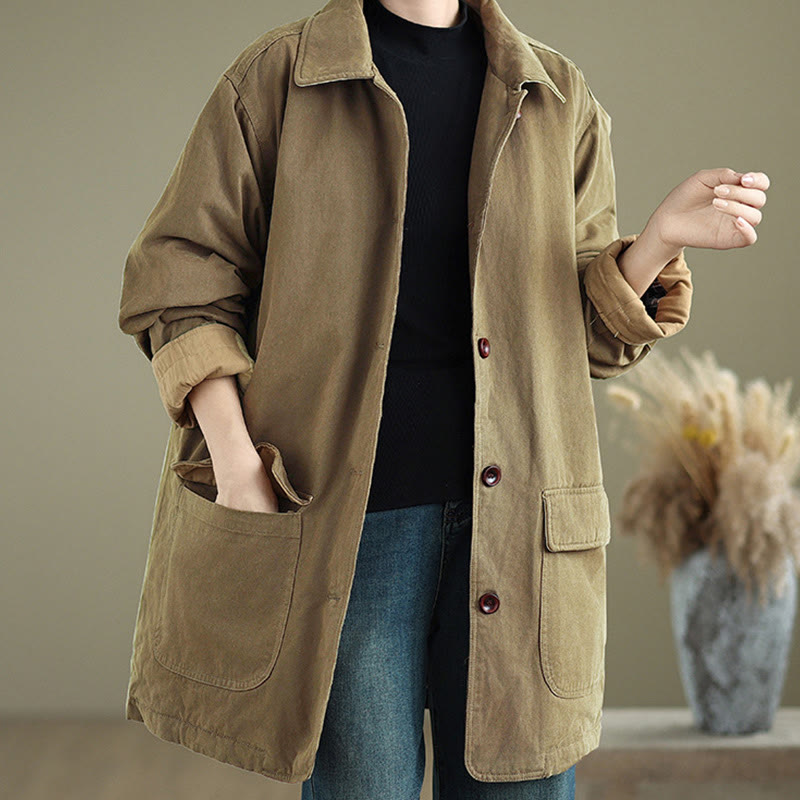 Buddha Stones Damen-Langarm-Steppjacke aus Baumwolle mit Taschen und schlichtem Reversknopf-Design - image 16