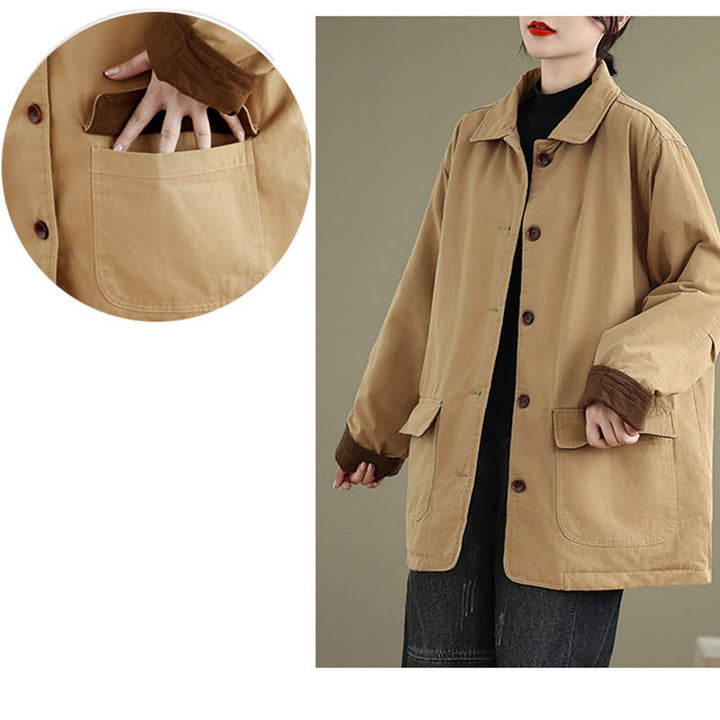 Buddha Stones Damen-Langarm-Steppjacke aus Baumwolle mit Taschen und schlichtem Reversknopf-Design - image 10