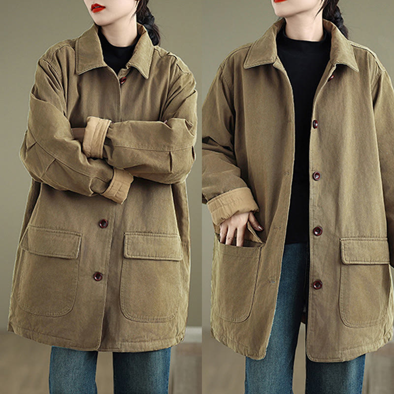 Buddha Stones Damen-Langarm-Steppjacke aus Baumwolle mit Taschen und schlichtem Reversknopf-Design - image 19