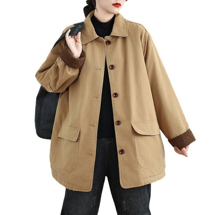 Buddha Stones Damen-Langarm-Steppjacke aus Baumwolle mit Taschen und schlichtem Reversknopf-Design - image 11