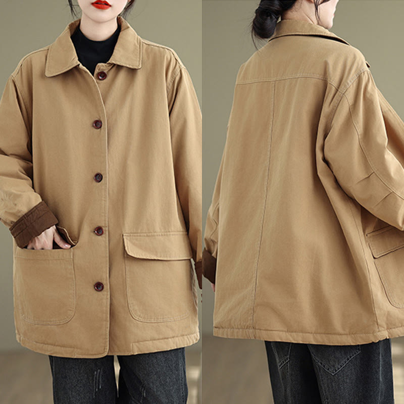 Buddha Stones Damen-Langarm-Steppjacke aus Baumwolle mit Taschen und schlichtem Reversknopf-Design - image 3