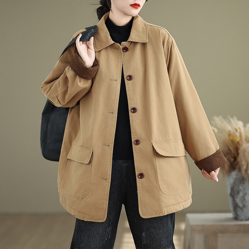 Buddha Stones Damen-Langarm-Steppjacke aus Baumwolle mit Taschen und schlichtem Reversknopf-Design - Mokassin - US12， UK/AU16，EU44 (XL) - image 0