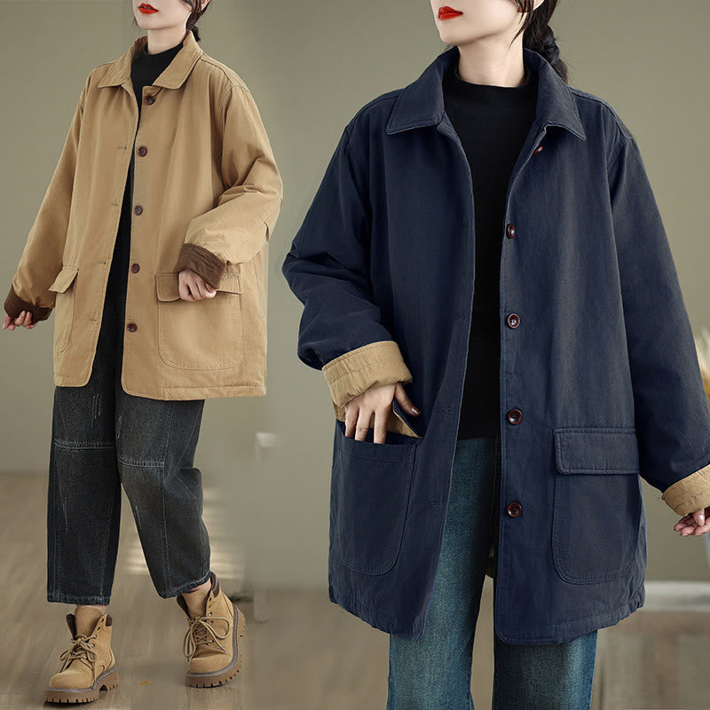 Buddha Stones Damen-Langarm-Steppjacke aus Baumwolle mit Taschen und schlichtem Reversknopf-Design - image 20