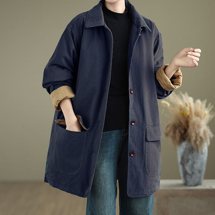 Buddha Stones Damen-Langarm-Steppjacke aus Baumwolle mit Taschen und schlichtem Reversknopf-Design - image 13