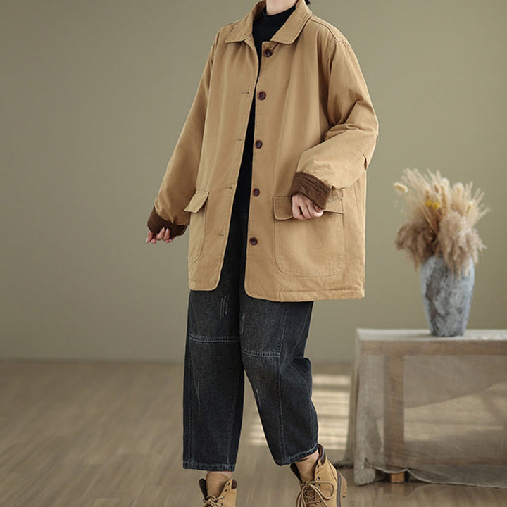 Buddha Stones Damen-Langarm-Steppjacke aus Baumwolle mit Taschen und schlichtem Reversknopf-Design - image 2