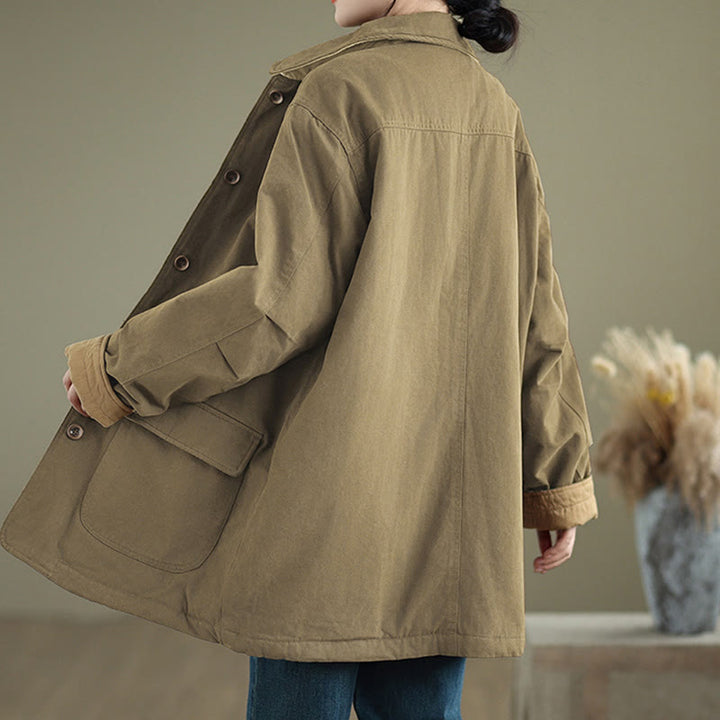 Buddha Stones Damen-Langarm-Steppjacke aus Baumwolle mit Taschen und schlichtem Reversknopf-Design - image 17
