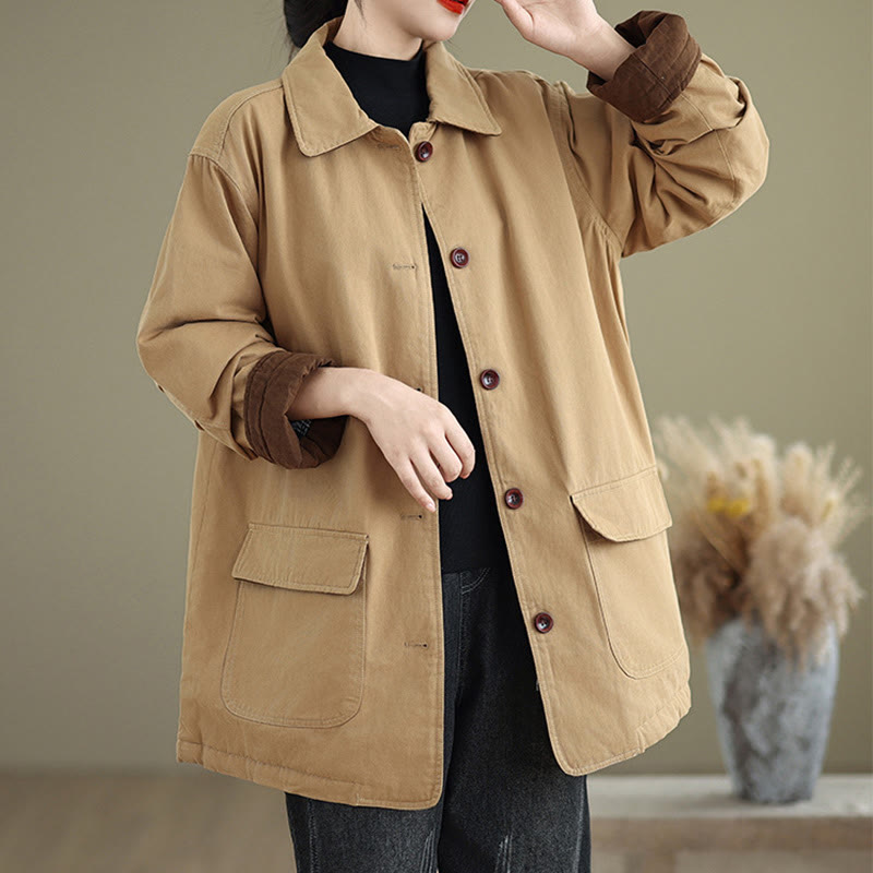 Buddha Stones Damen-Langarm-Steppjacke aus Baumwolle mit Taschen und schlichtem Reversknopf-Design - image 1