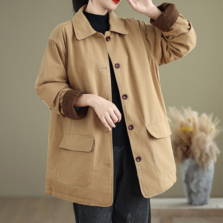 Buddha Stones Damen-Langarm-Steppjacke aus Baumwolle mit Taschen und schlichtem Reversknopf-Design - image 1