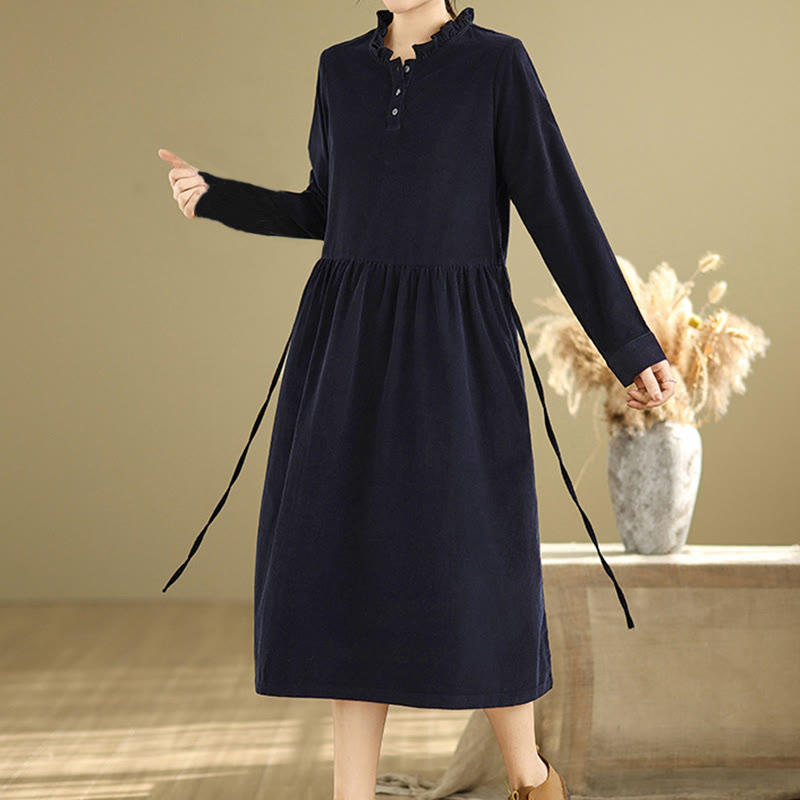 Buddha Stones – Langärmliges Midikleid aus Baumwollcord mit Schnürdesign, Rüschen, Rundhalsausschnitt und Taschen - Mitternachtsblau - US12， UK/AU16，EU44 (2XL) - image 0