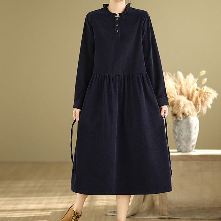 Buddha Stones – Langärmliges Midikleid aus Baumwollcord mit Schnürdesign, Rüschen, Rundhalsausschnitt und Taschen - image 3