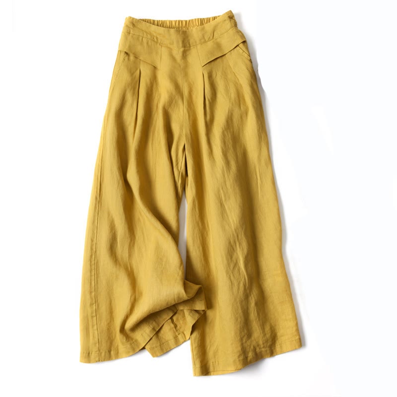 Buddha Stones – Unifarbene Hose aus Baumwollleinen mit hoher Taille und weitem Bein und Taschen - Gelb - US16， UK/AU20，EU48 (3XL) - image 0
