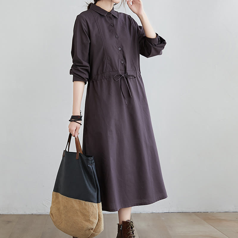 Buddha Stones Herbst-Midikleid aus Baumwolle mit einfarbigem Schnürdesign, Revers und langen Ärmeln und Taschen - image 10